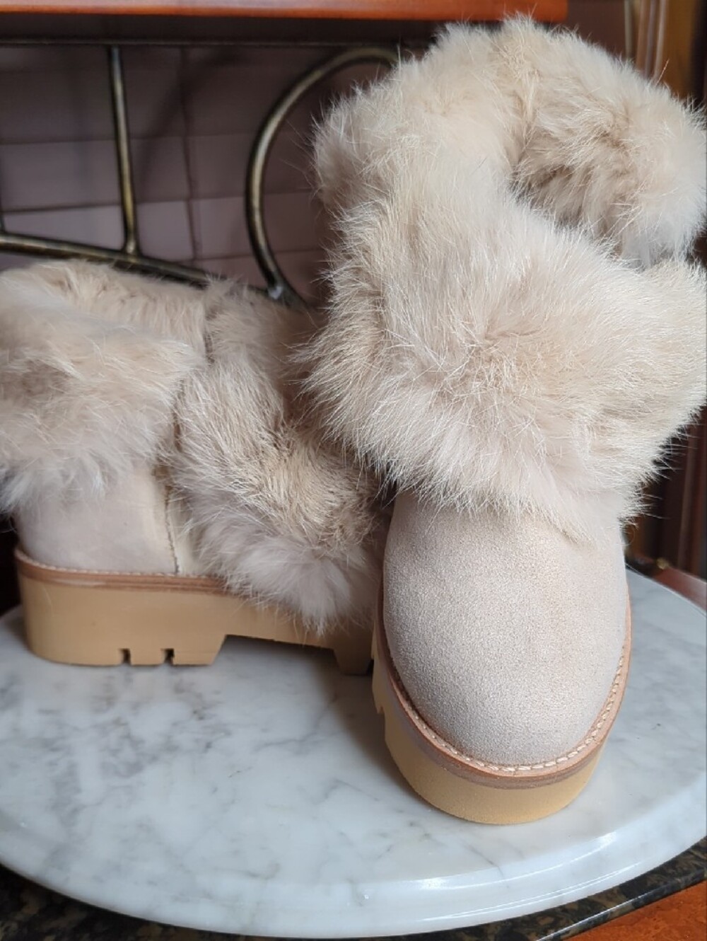 Rachel Zoe Cream Genuine Rabbit Fur Cuff Winter Boots - Picture 15 of 17